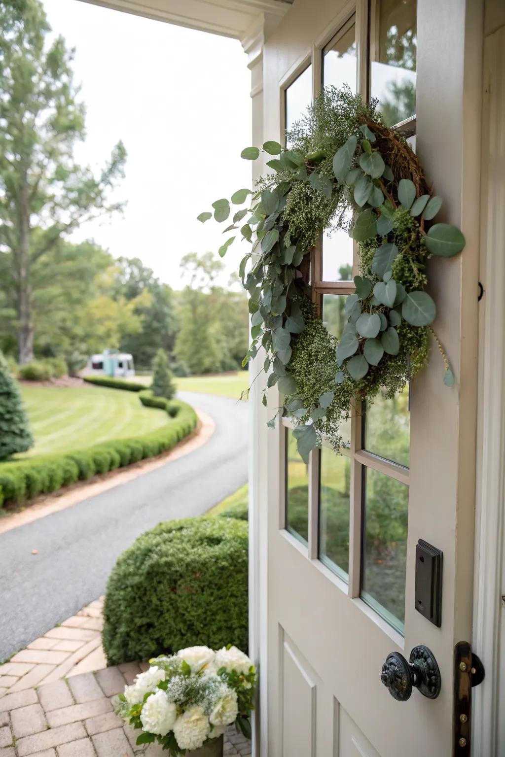 A minimalist wreath adds natural elegance to the door.