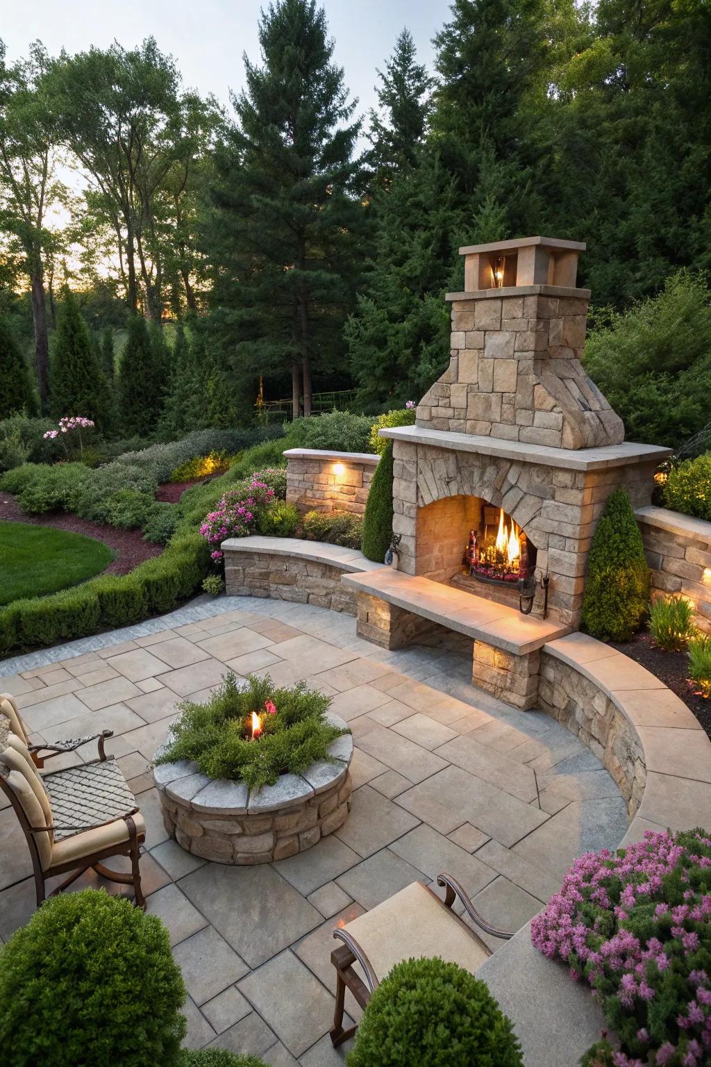 Inviting built-in seating around a warm fire.