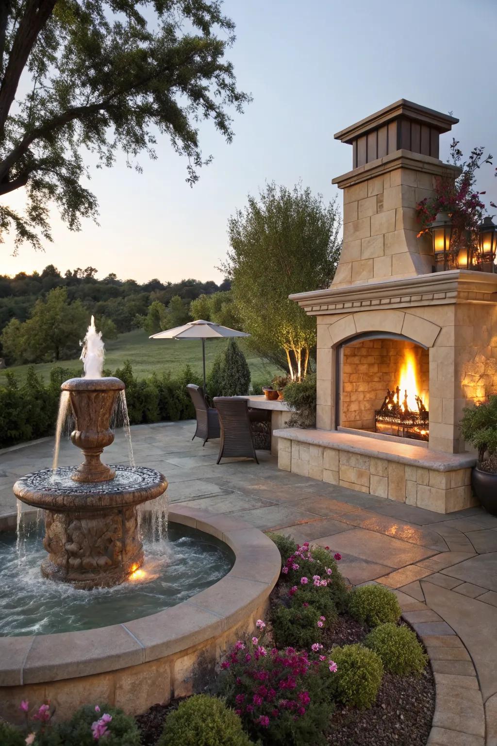 A captivating combination of an outdoor fireplace and water fountain for a serene setting.