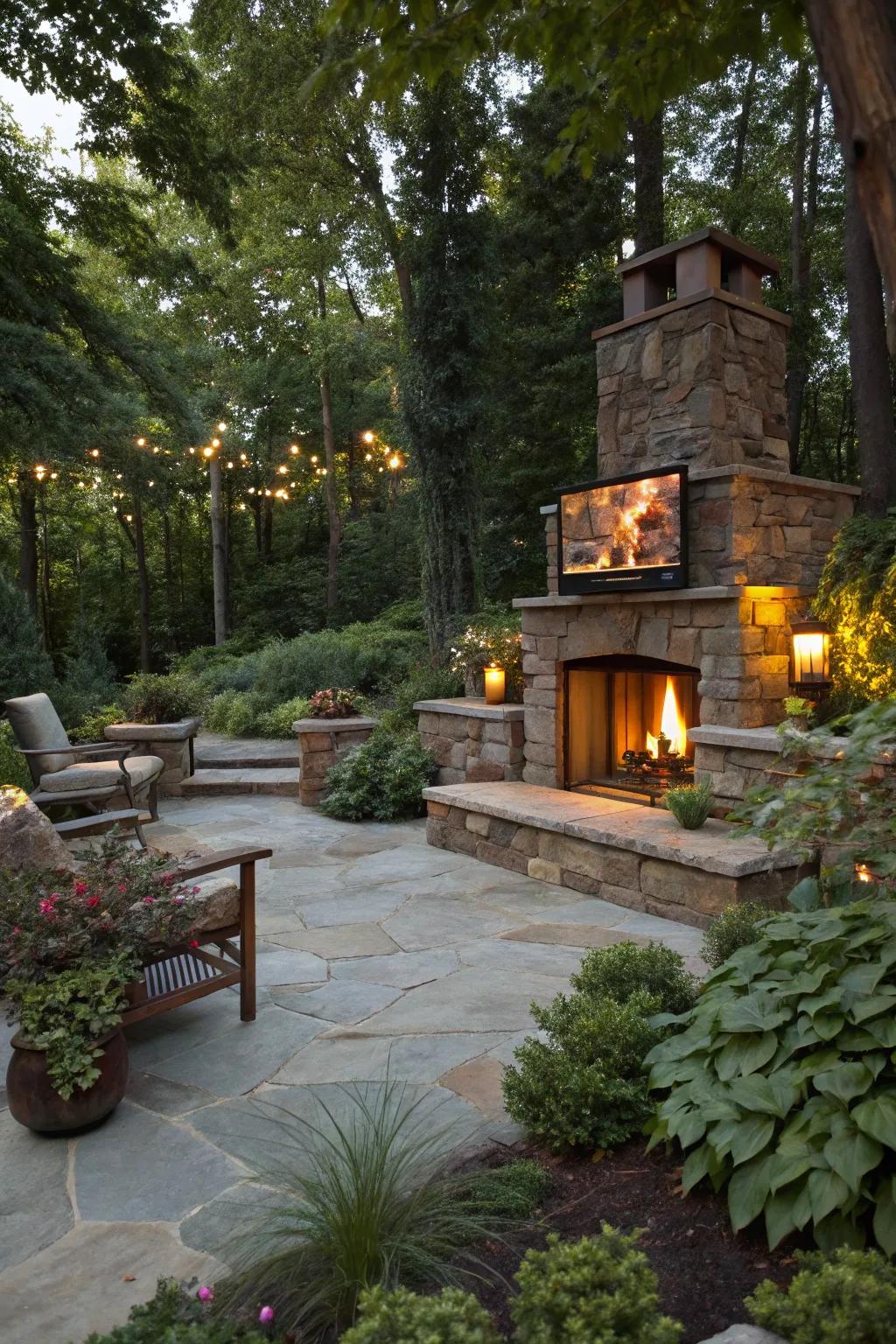 Nature meets entertainment with a green-surrounded outdoor setup.