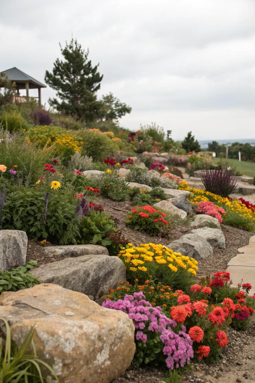 Natural rocks creating an earthy landscape within a flower bed.