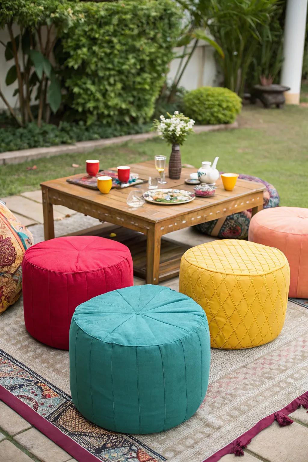 Versatile poufs adding style and seating to the outdoor area