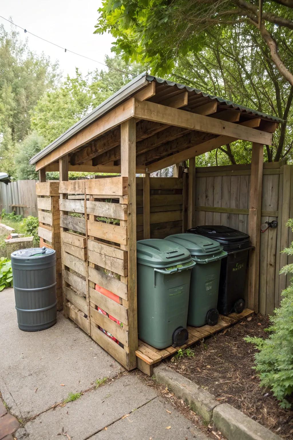 A rustic garbage bin storage solution crafted from reclaimed pallets.