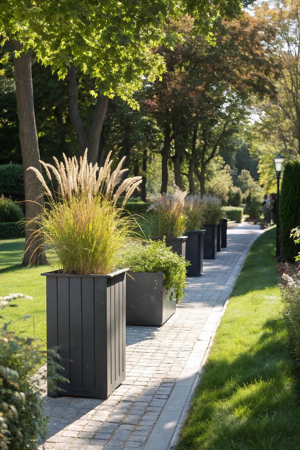 Strategic planters create a natural and appealing screen.