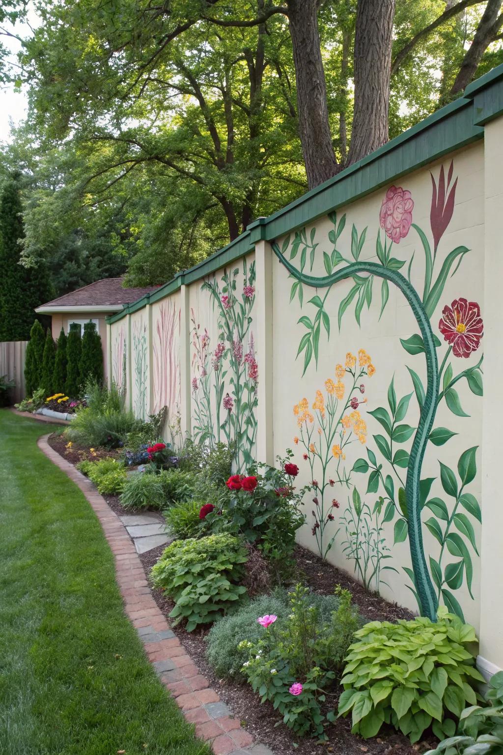 Integrated nature murals create a seamless garden tapestry.