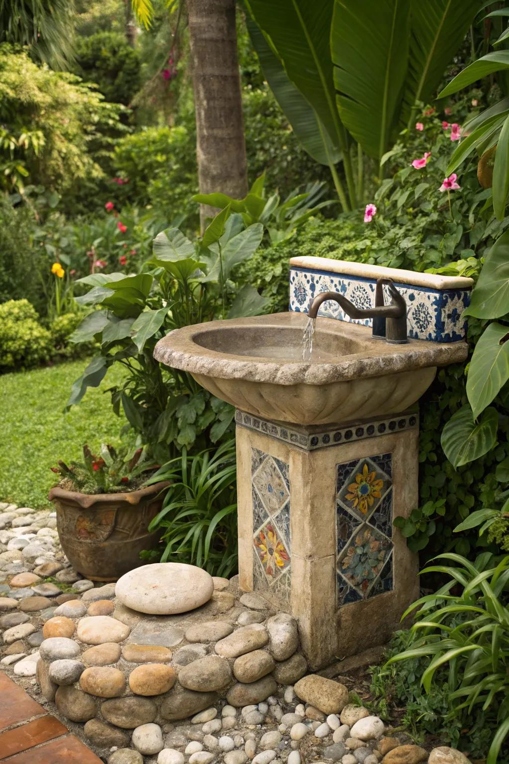 Add a touch of artistry with a stone and tile garden sink.