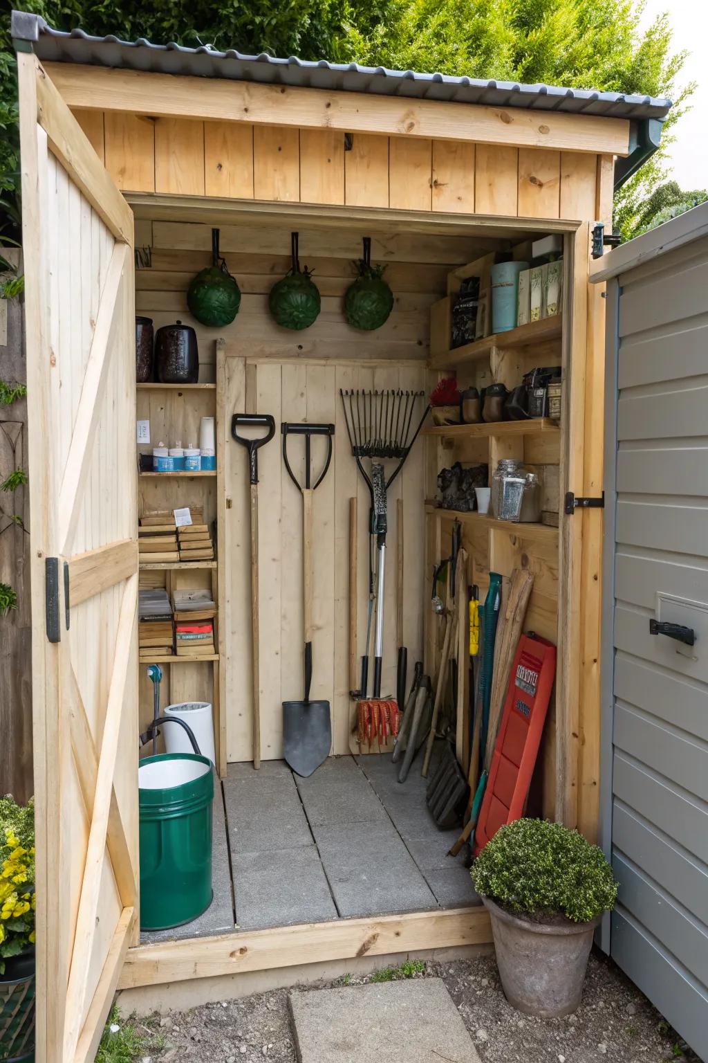 Overhead storage maximizes vertical space in your garden shed.