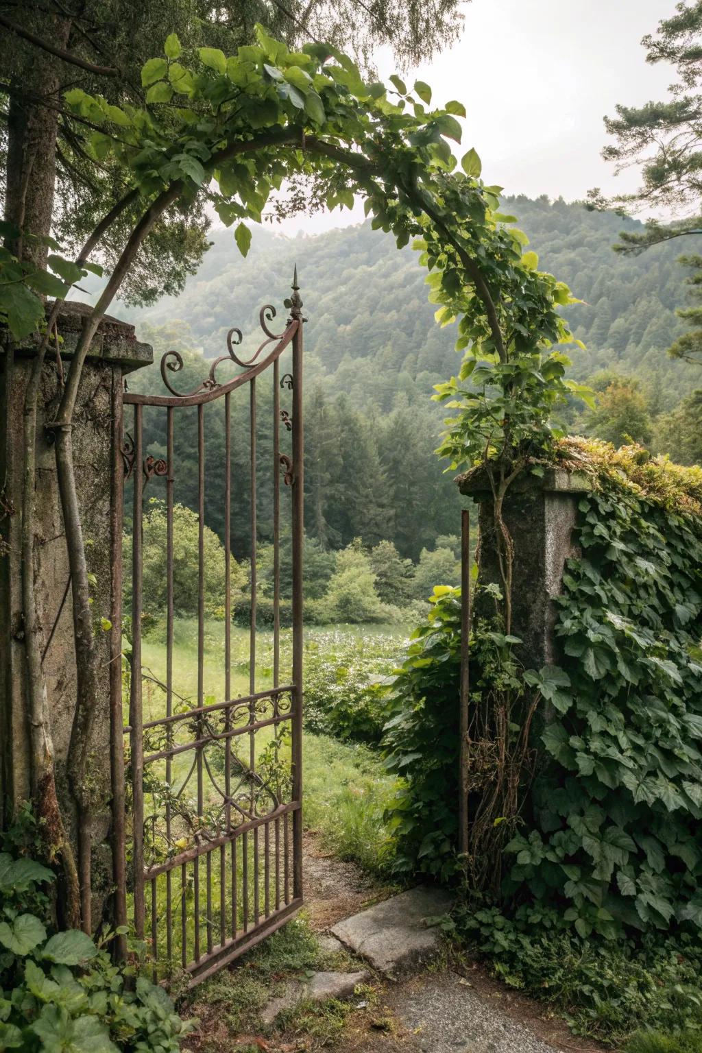 Plant-integrated gates blend nature with design for an enchanted look.