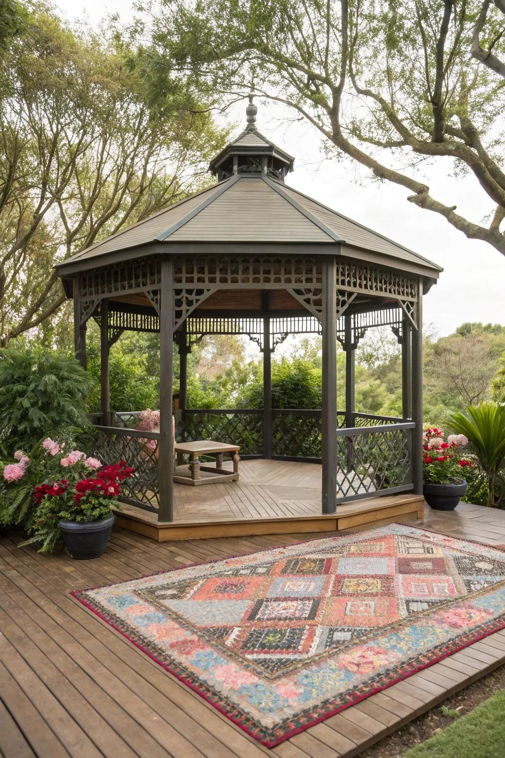 An outdoor rug adds comfort and style to your gazebo.