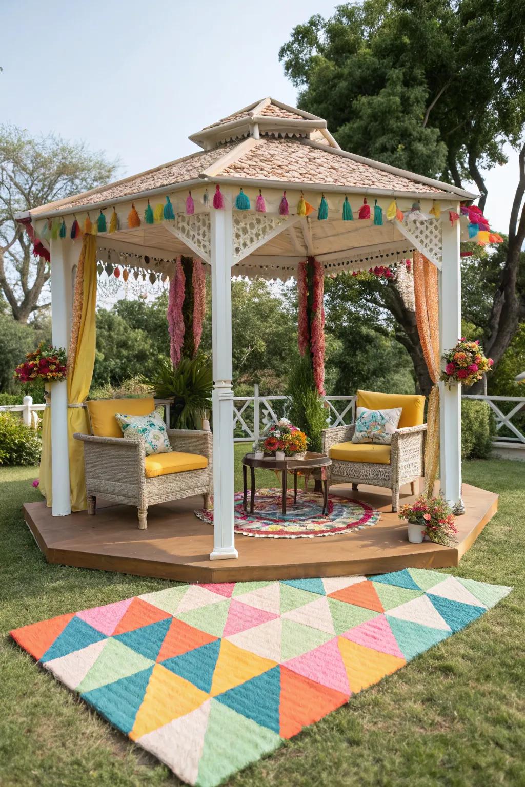 An outdoor rug adds color and defines your gazebo space.