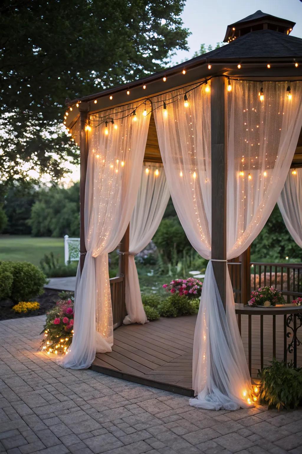 Curtains paired with string lights provide privacy and warmth.