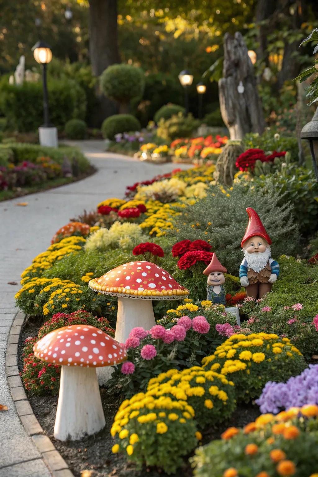 Flowers and mushrooms add color and whimsy to a gnome garden.