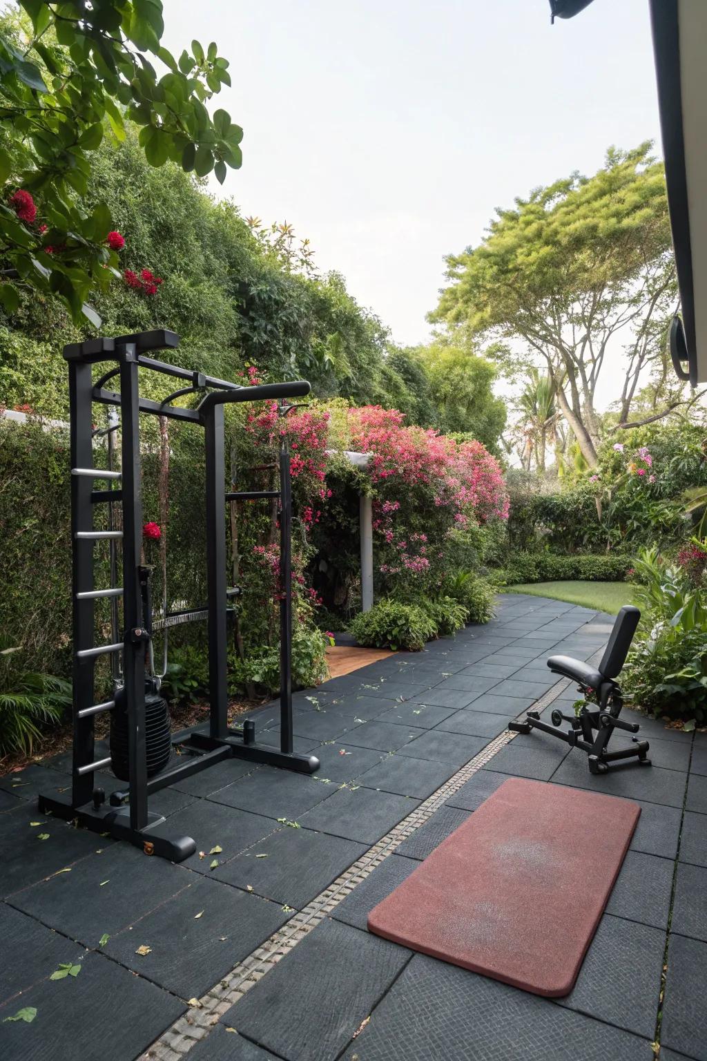 Step safely with weather-resistant gym flooring.