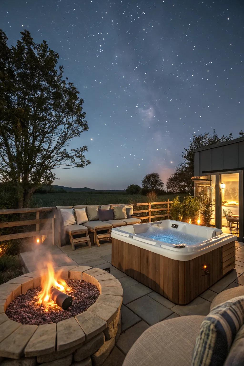 A fire pit creates a warm and inviting atmosphere by your hot tub.