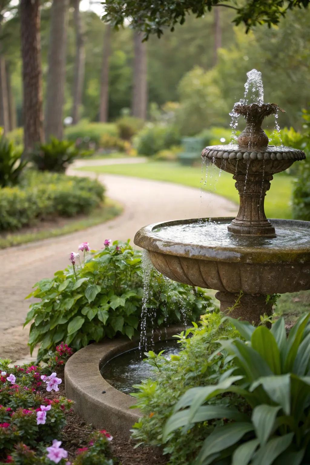 A small fountain adds a soothing water element to the garden.