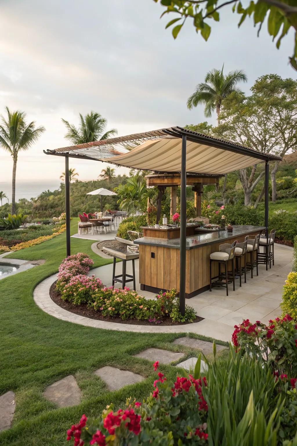 Outdoor island bar with a retractable canopy.
