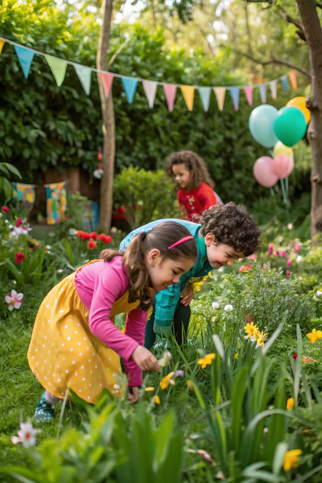 A thrilling treasure hunt set in a vibrant garden.