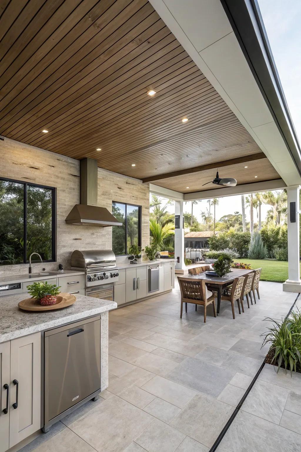 A transitional ceiling connects the indoor and outdoor areas seamlessly.