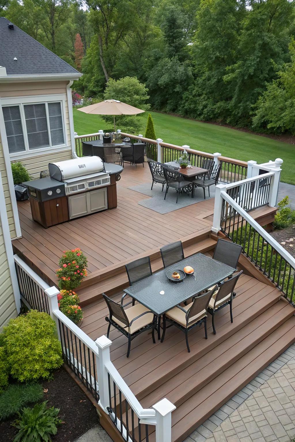A multi-level deck design for versatile outdoor living.