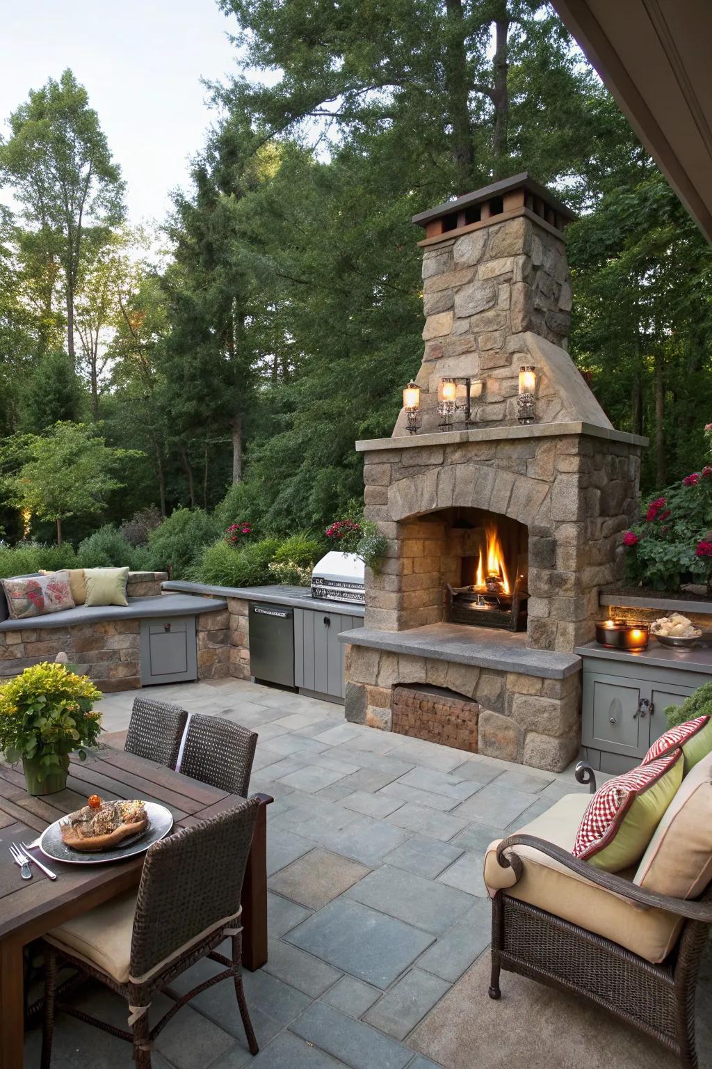 A cozy fireplace surrounded by integrated seating, perfect for socializing on cool evenings.