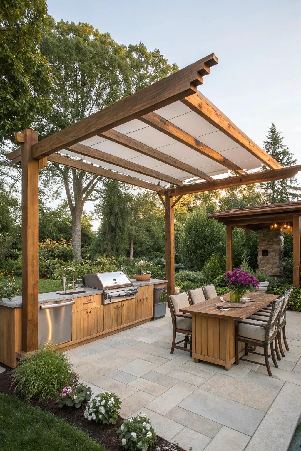 A retractable fabric pergola offers adjustable shade for your outdoor kitchen.