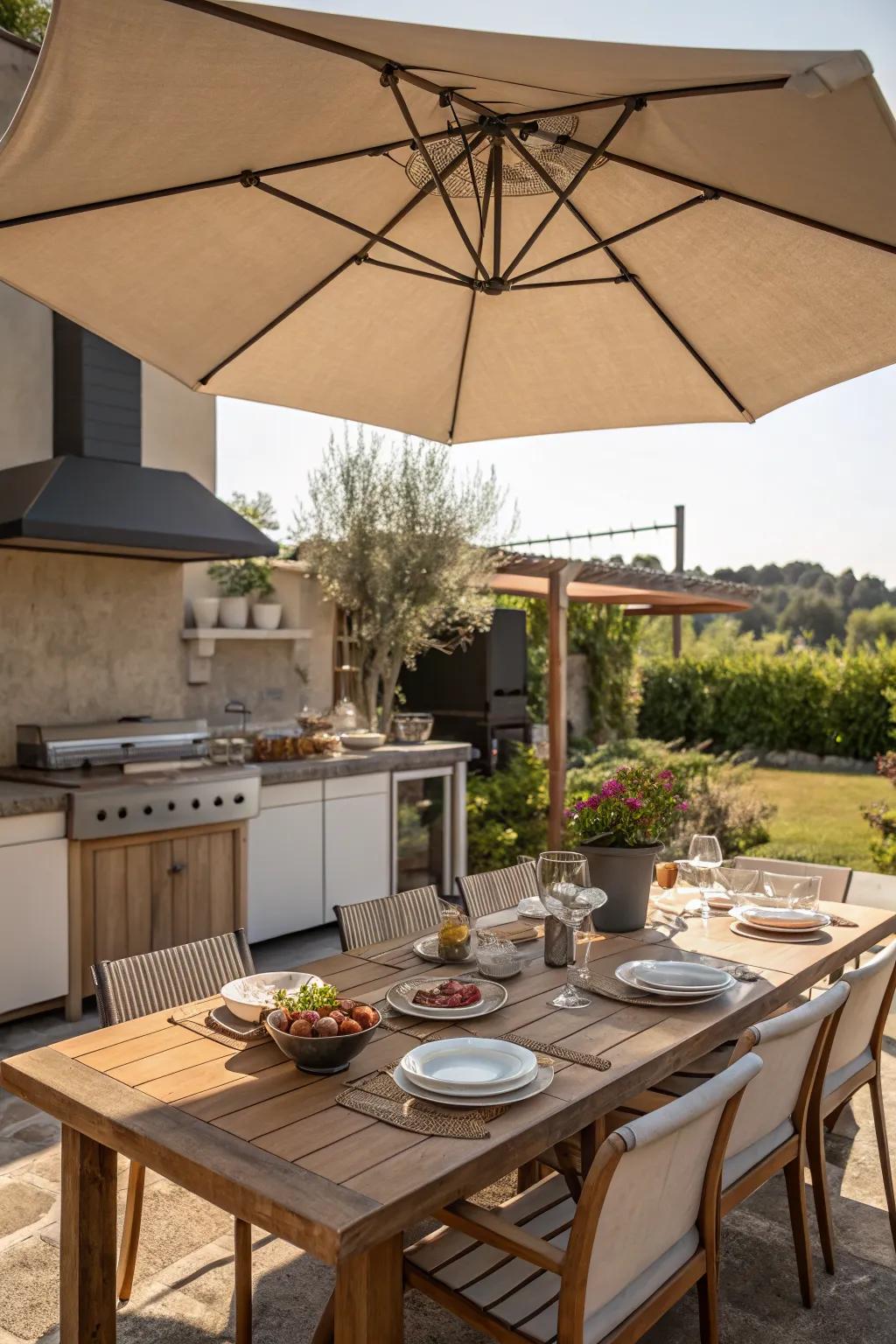 A shaded dining area adds comfort and style to outdoor gatherings.