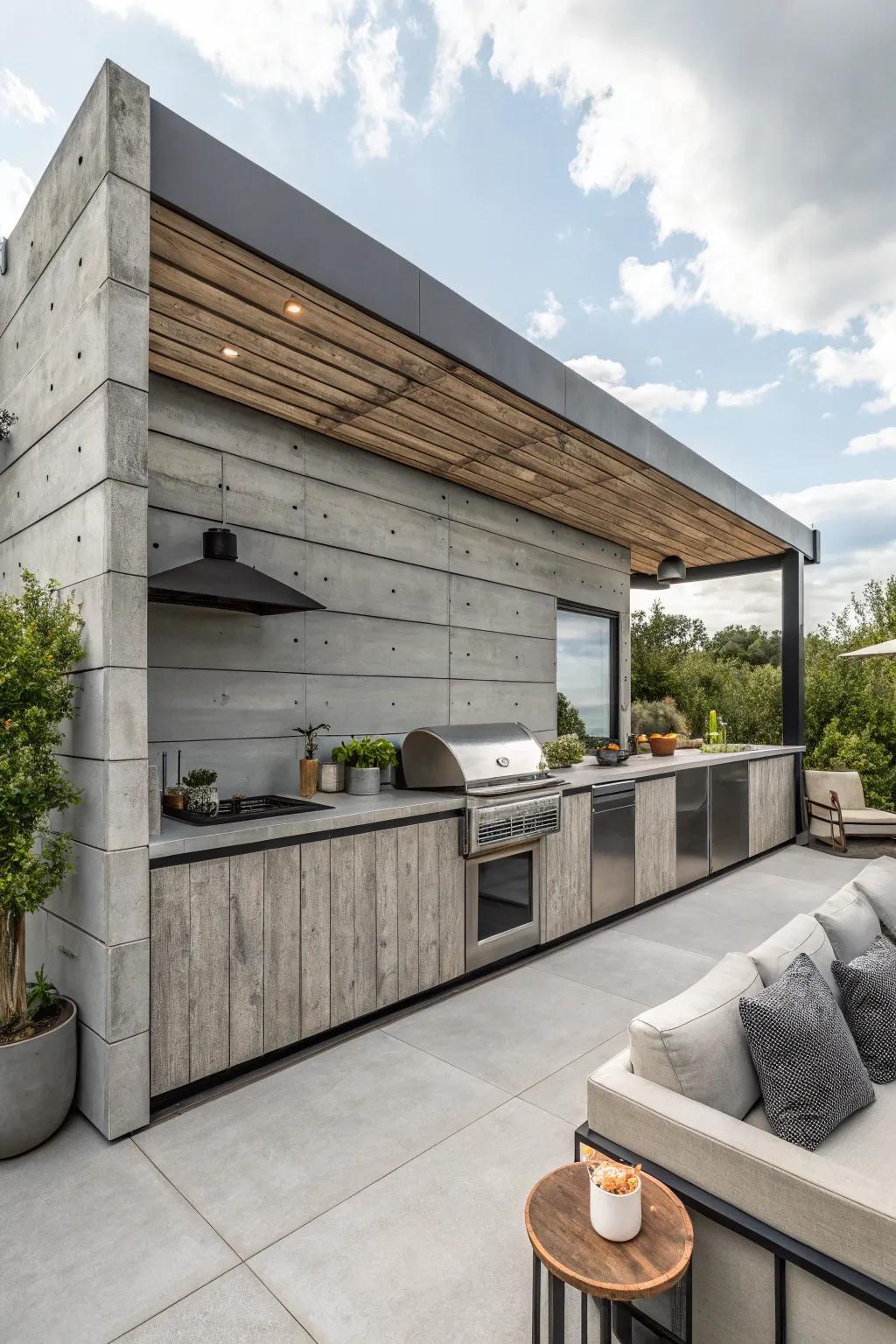 Concrete panels offer a bold and industrial vibe for outdoor kitchens.