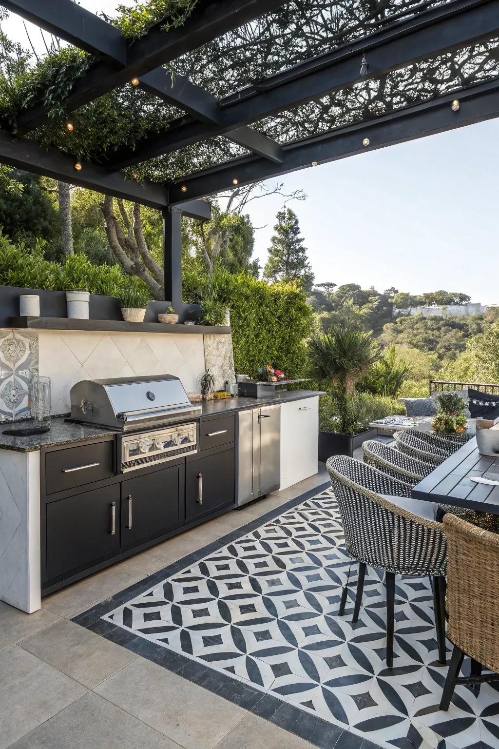 Bold and dramatic black and white tiles in a chic outdoor kitchen.