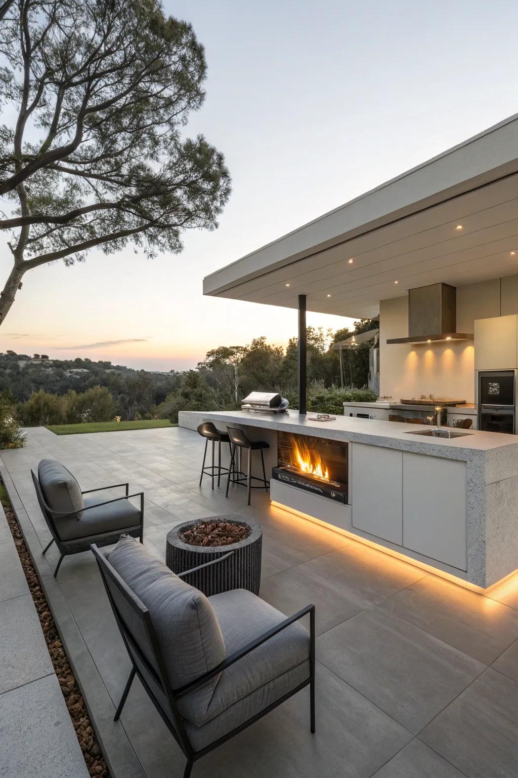 Sleek and simple, this minimalist outdoor kitchen is a calming retreat.