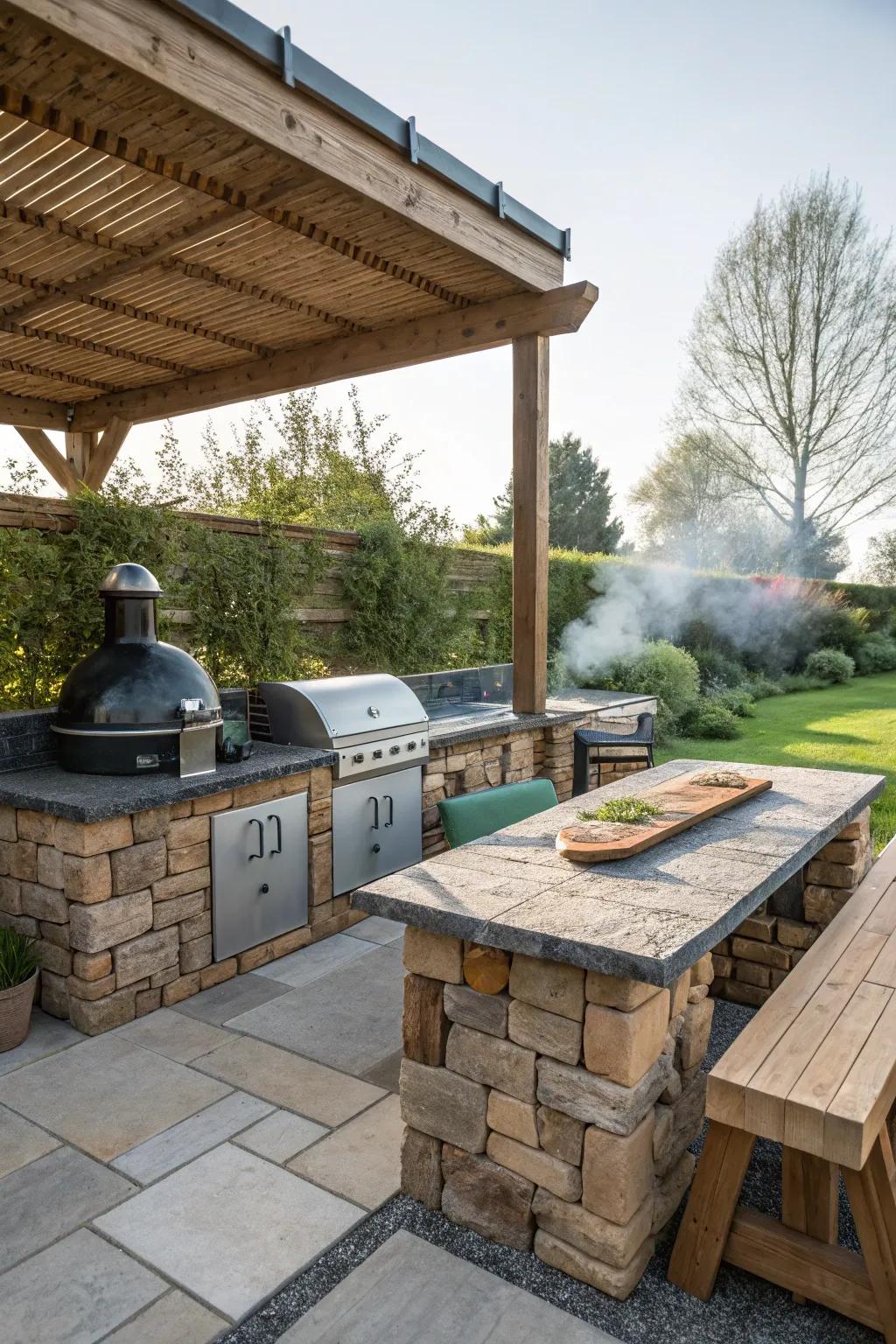Built-in seating around an outdoor kitchen with an offset smoker.