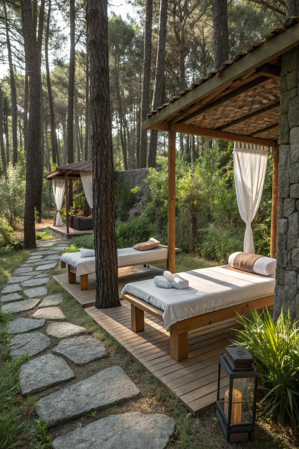 Rustic elements add charm to your outdoor massage space.