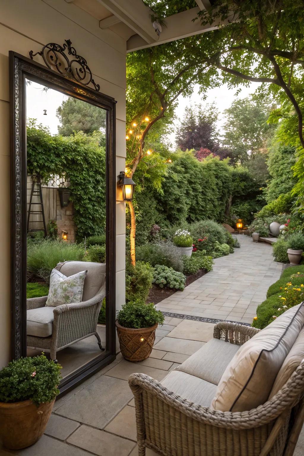 Mirrors on patios bring the garden closer.