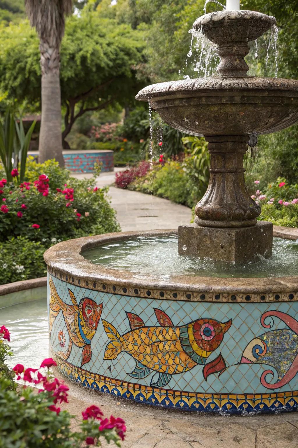 A dazzling mosaic fountain that brings tranquility to any outdoor space.