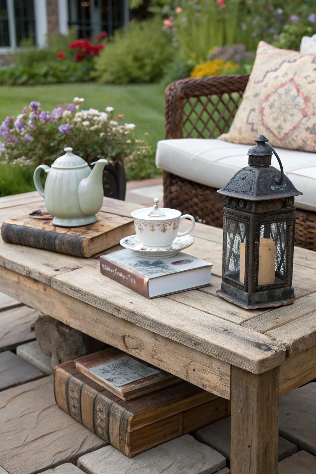 Reclaimed wood brings rustic elegance to the patio.