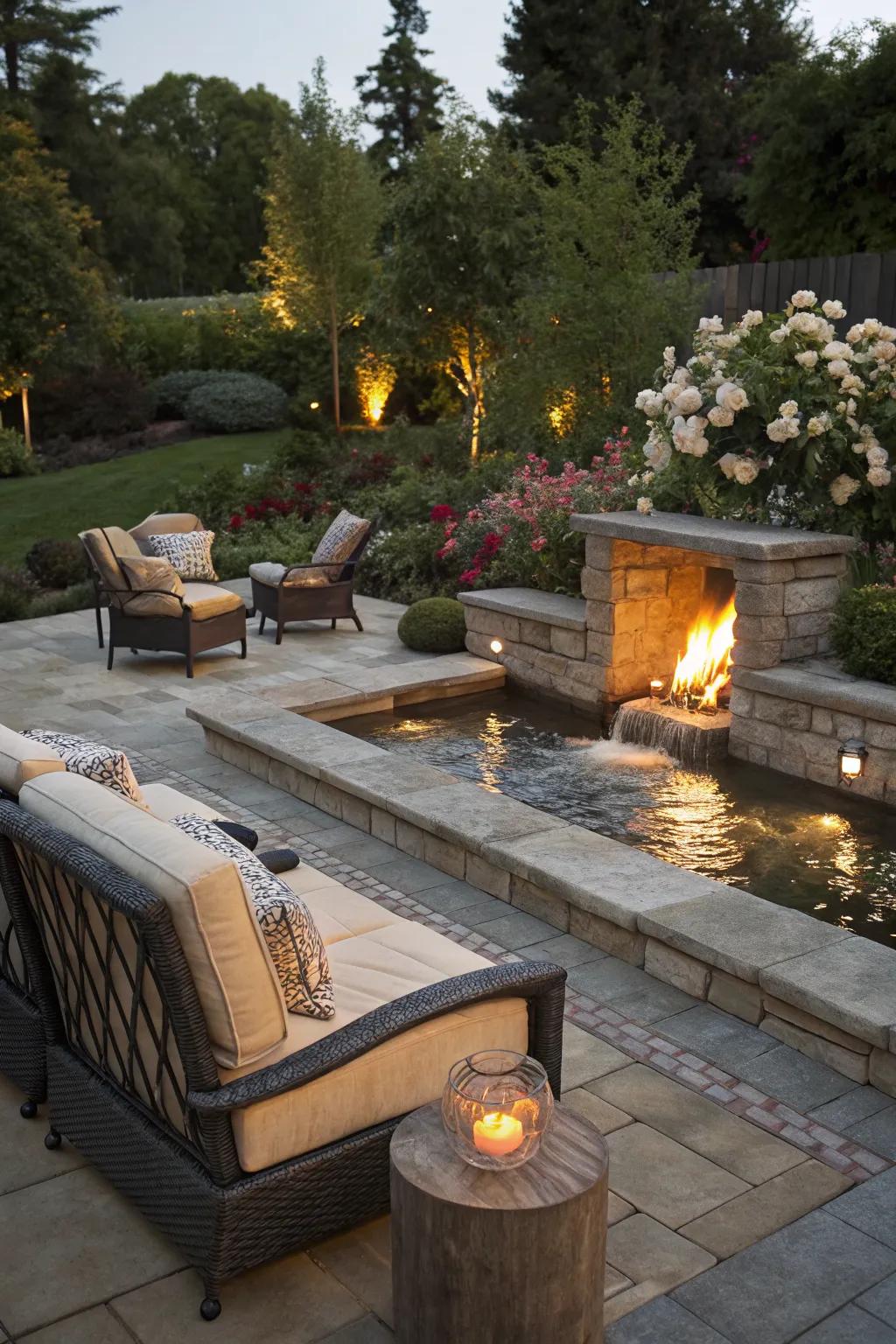 Tranquil retreat: a fireplace with a waterfront view.