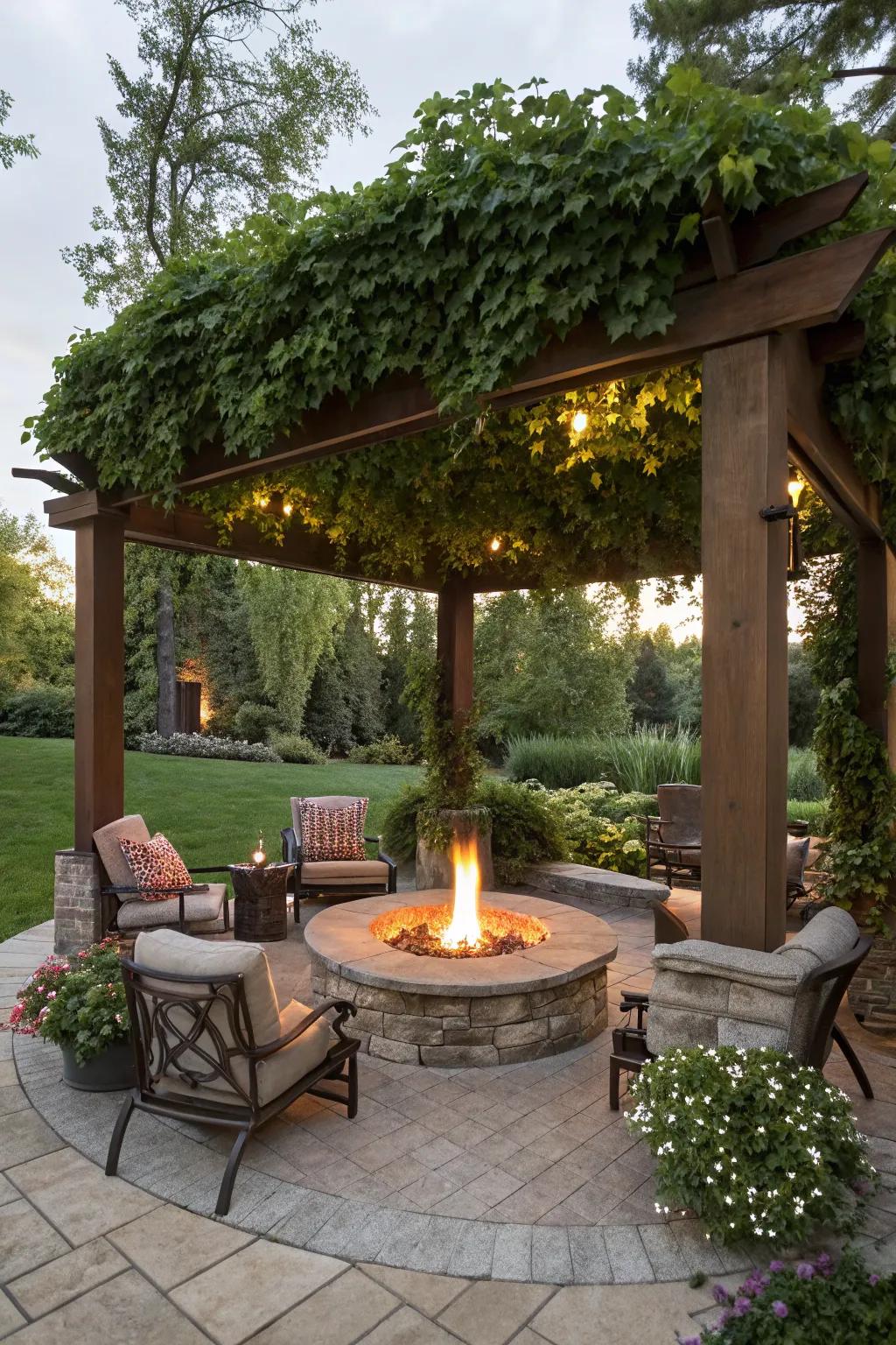 A fire pit under the pergola makes for a cozy gathering spot.