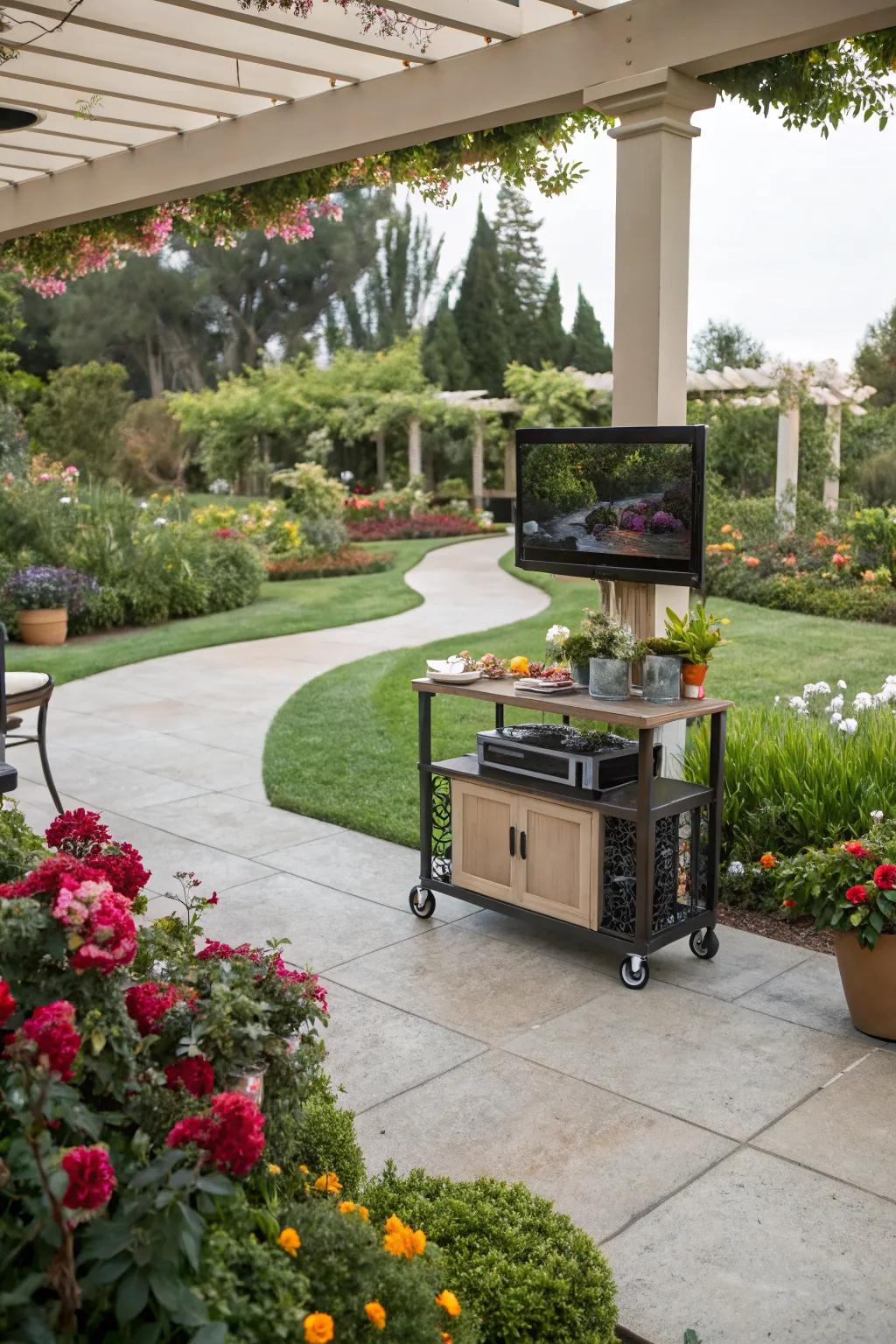 Enjoy flexibility with a mobile TV cart on your patio.