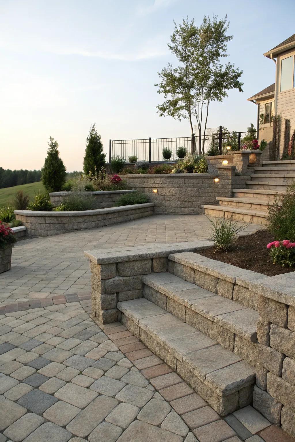 A dynamic multi-level patio that defines different outdoor zones.