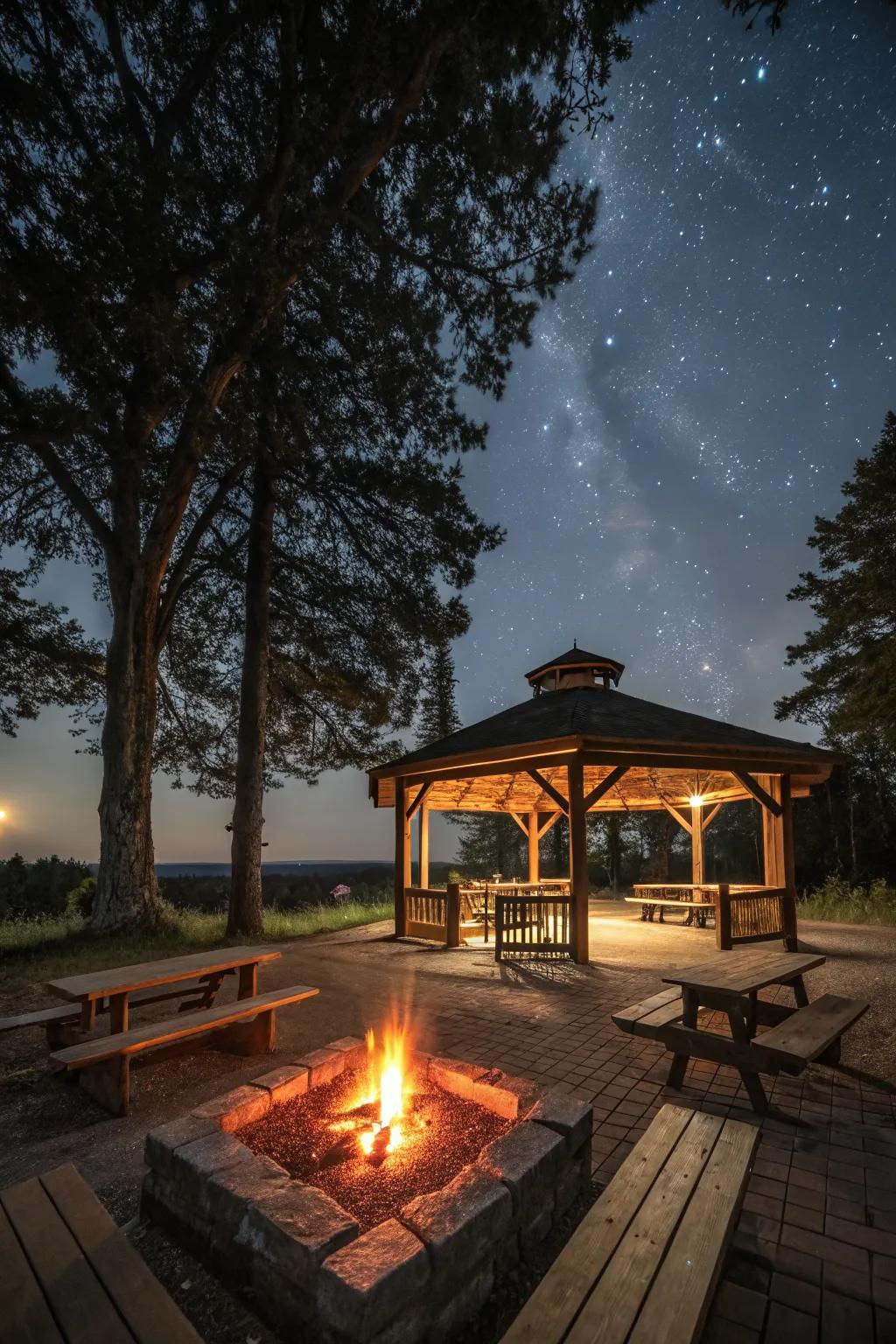 A fire pit offers natural light and warmth for cozy gatherings.