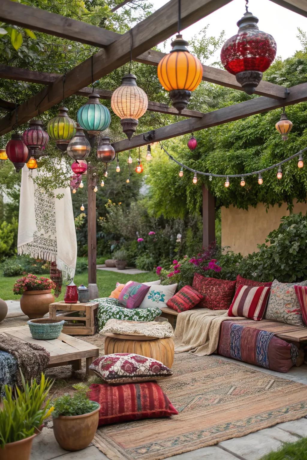 Add a bohemian flair with colorful glass pendants.