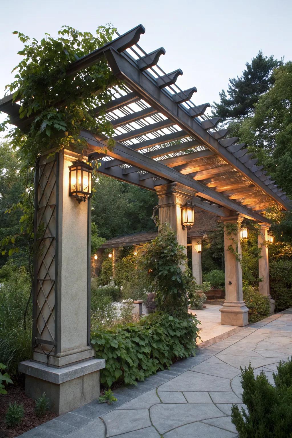 Accent lighting draws attention to beautiful pergola features.