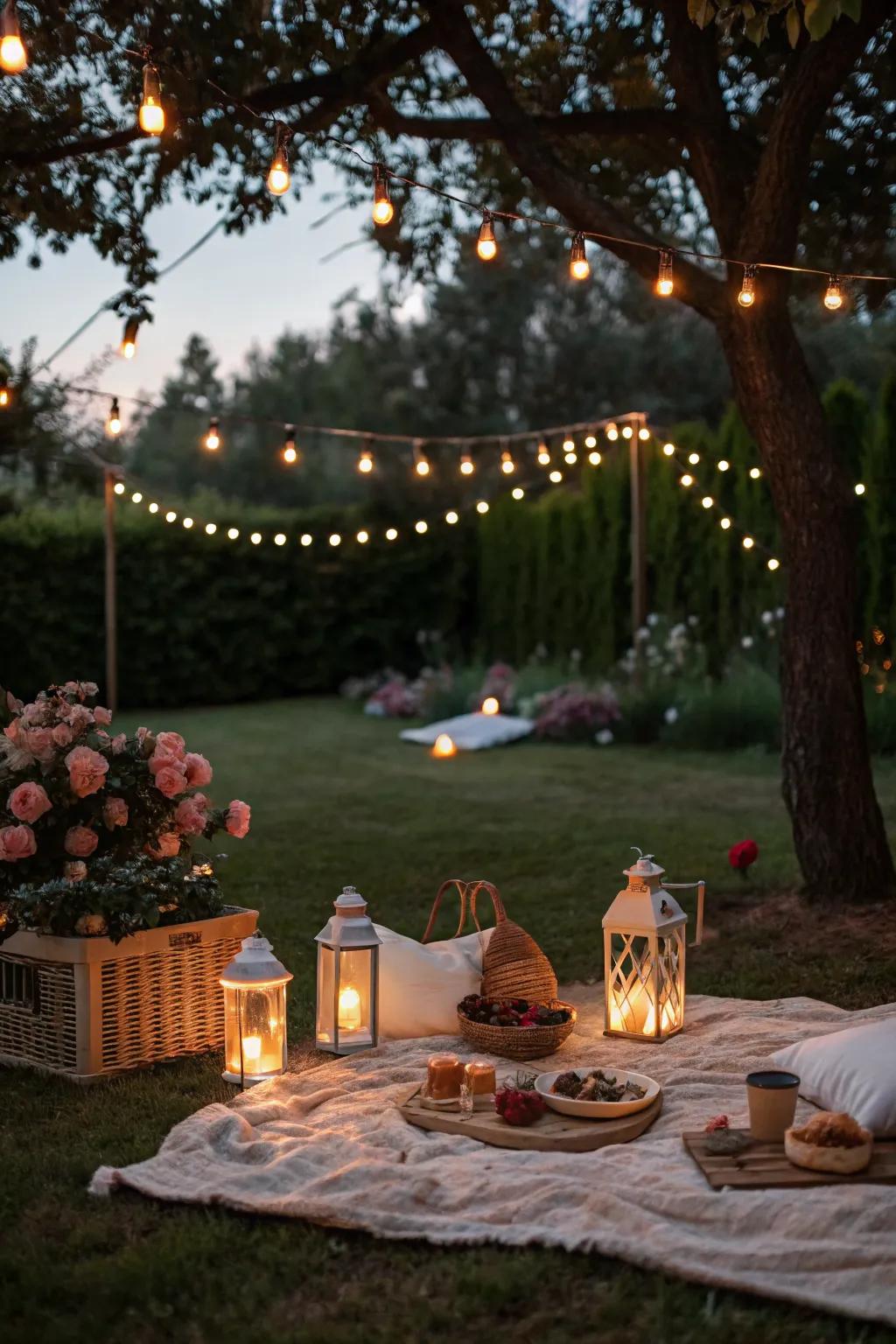 String lights create a magical evening picnic atmosphere.