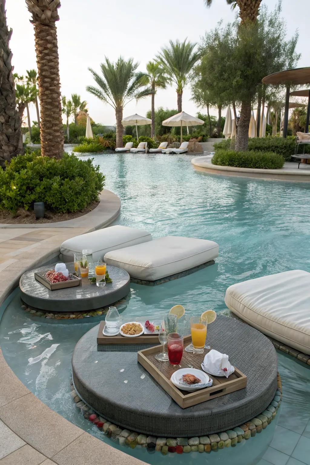Experience ultimate relaxation with an in-pool lounge setup.