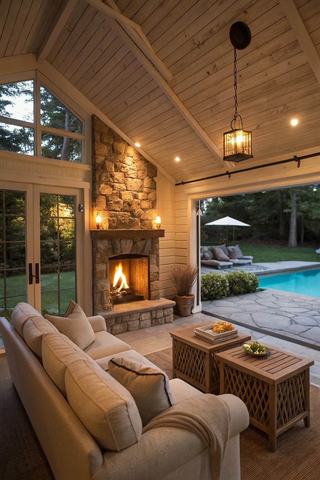 A pool house with a fire feature for warmth and cozy gatherings.