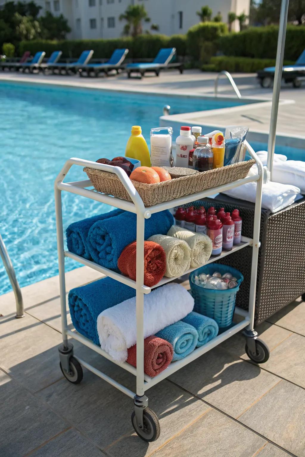 Rolling towel carts are perfect for on-the-go poolside convenience.