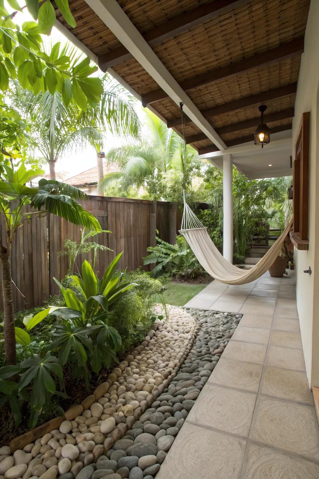 Pebble flooring gives your porch a beachy vibe.