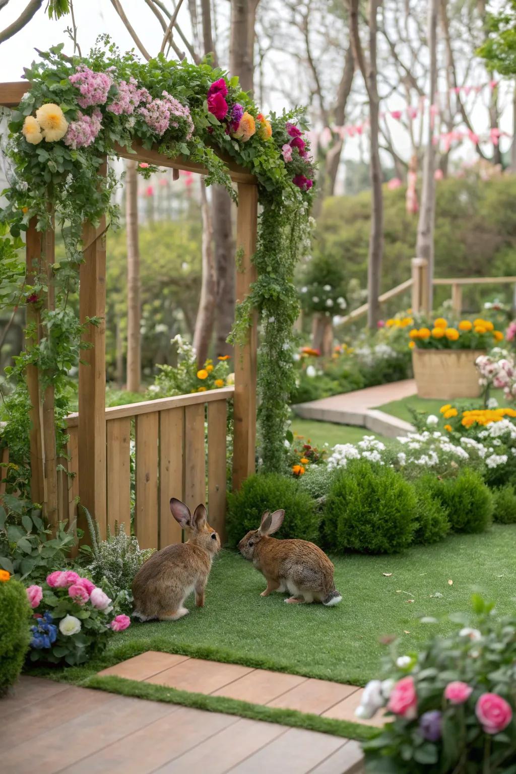 Aesthetic garden decorations adding charm to a rabbit play area.