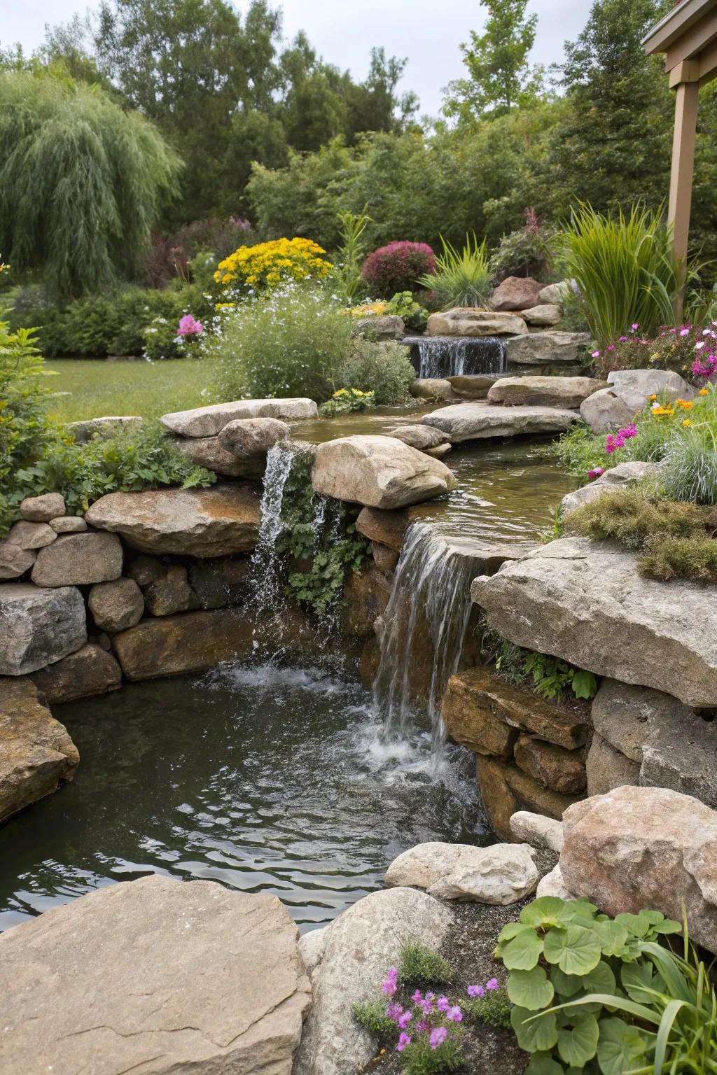Rock walls enhance the tranquility of garden water features.