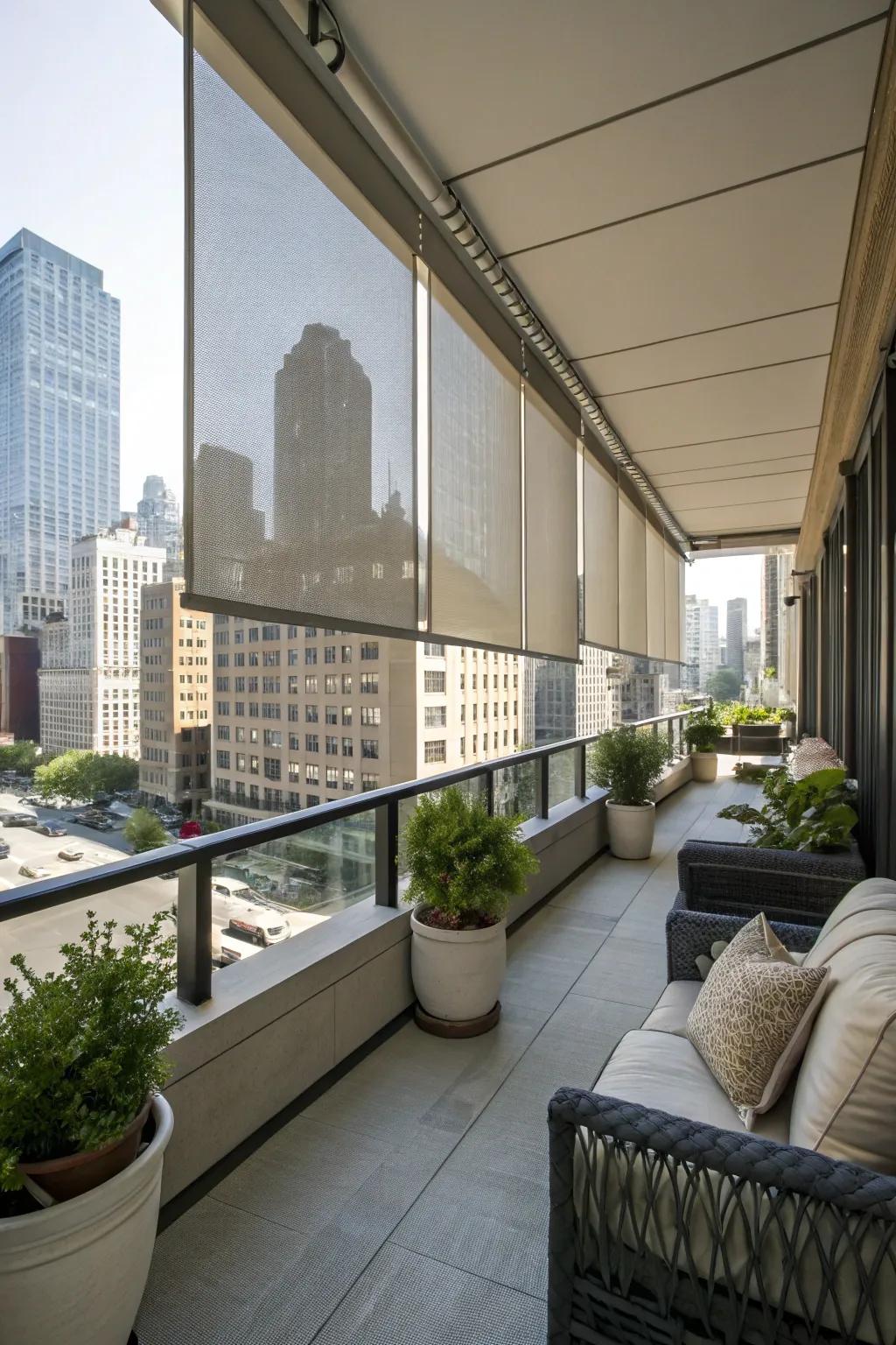 A balcony transformed with stylish roller shades.