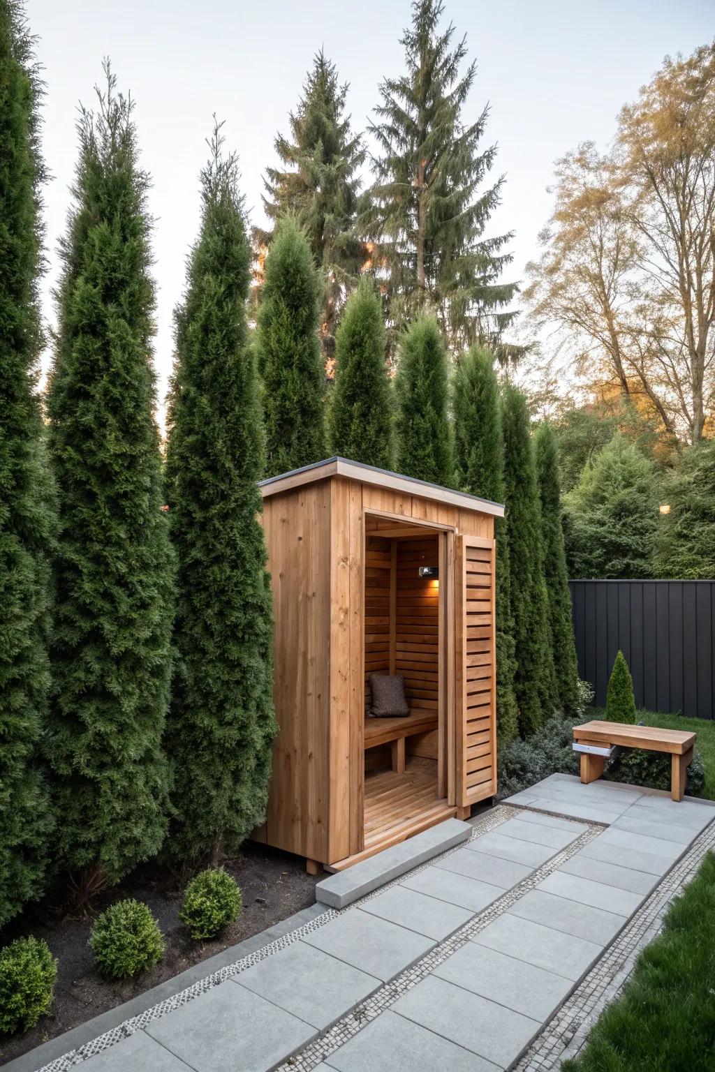 Tall greenery offers seclusion and serenity for your sauna area.